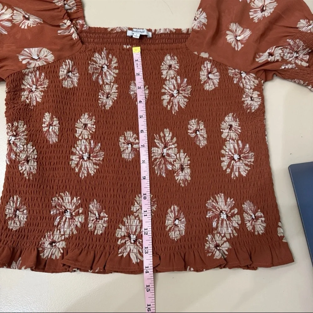 Madewell Georgette Lucie Puff Sleeve Smocked Top Rust Floral Square Neck Size M